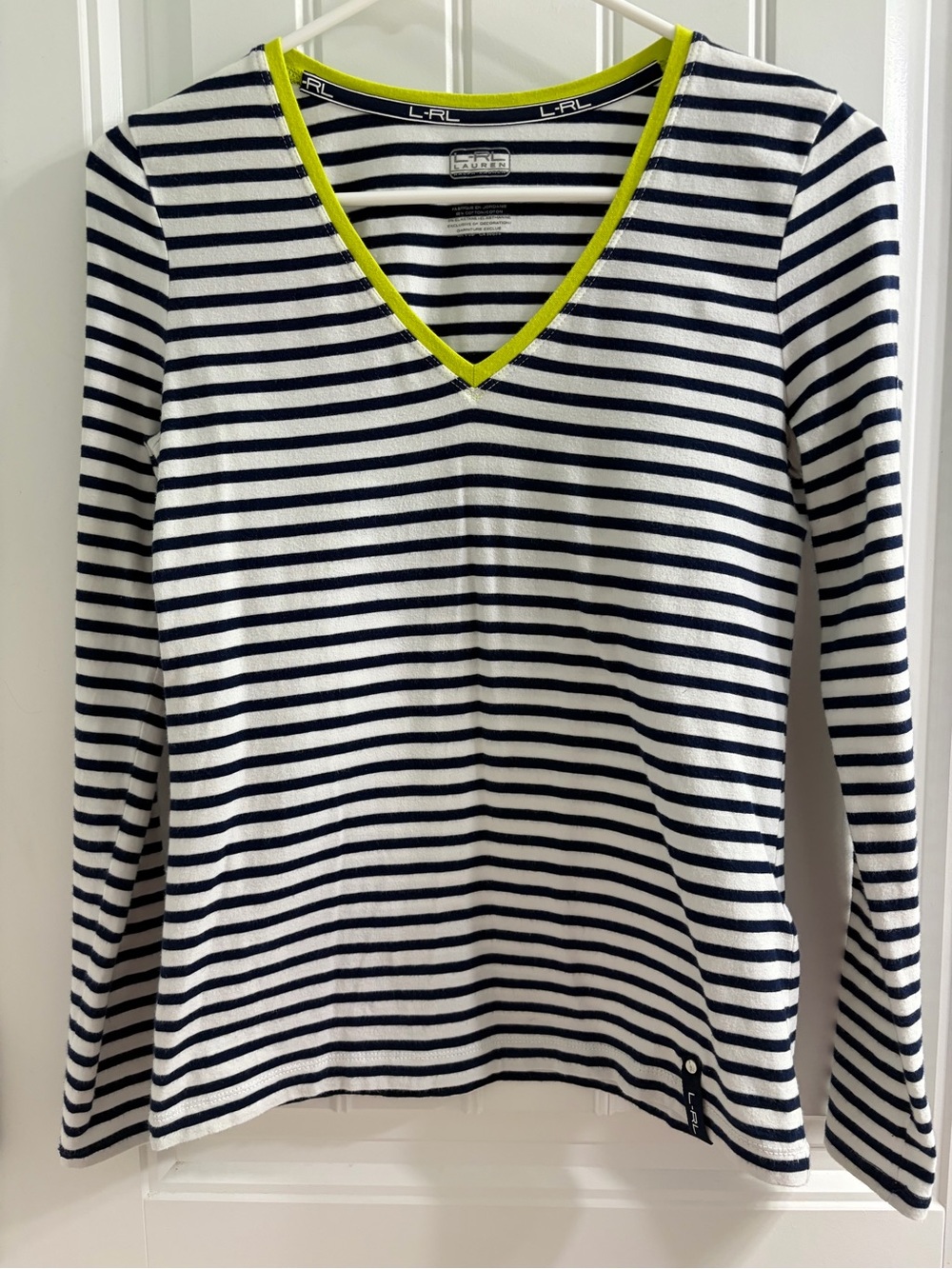 Lauren Ralph Lauren Navy and White Striped V‑Neck Long Sleeve Top with Lime Trim - Picture 1 of 5